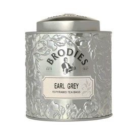 Brodies - Earl Grey Pyramid Tea - Gift Tin Caddy Silver Colour (total 15 Pyramid Tea Bags) - Elegant and scented quintessential British Tea with the citrus Note of Bergamot