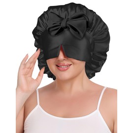 SeSe Code Bonnet with Eye Mask Attached Satin Bonnets with Tie for Sleeping Women Hair Caps Curly Hair Black