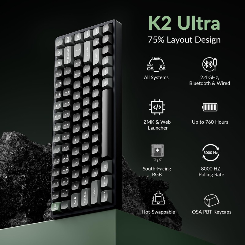 Keychron K2 Ultra 75% Wireless Mechanical Keyboard, 8000Hz Polling Rate
