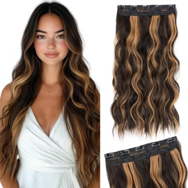 Silk-co One Piece Clip In Hair Extensions Curly 150g Hair Extensions Clip in Hairpieces 5 Clips Wavy Curly Synthetic 3/4 Half Full Head for Laides and Women 20 Inch（50 cm） Light Brown mix Golden Brown