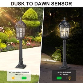 Starcurin Solar Outdoor Post Light with Remote, Dusk to Dawn Solar Panels Waterproof Exterior Pole Lamp with Pier Mount Base Water Ripple Glass Auto On/Off Pathway Lighting for Garden Walkway Street