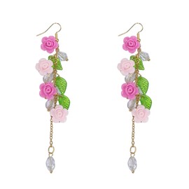 Elegant Flower Dangle Drop Hook Earrings for Women Acrylic Resin Pink Floral Leaf Long Tassel Chain Dangling Hook Earring Statement Fashion Summer Accessories Jewelry for Her Girlfriend (Hot Pink)
