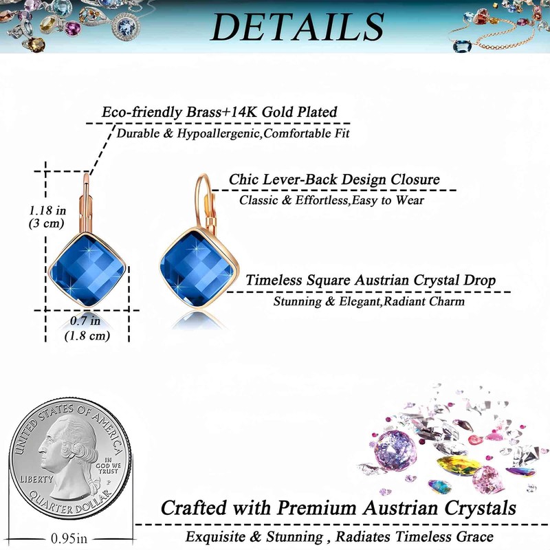 Austrian Crystal Square Drop Leverback Earrings for Women Fashion 14K