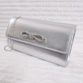 Satin Diamante Bow Style Bridal Prom Wedding Evening Clutch Party Purse Hand Bag (Metallic Silver)