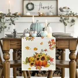 Artoid Mode Pumpkins Maple Leaves Sunflowers Autumn Table Runner Seasonal Kitchen Table Decoration Indoor Holiday Party Decor 40 x 180 cm