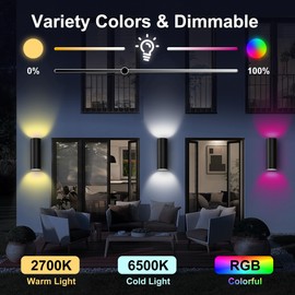 Yotivki Smart Up & Down Outdoor Wall Lights, RGBCW Color Changing LED Sconce with Bluetooth App & RF Remote Control, 2700K-6500K Tunable White, Dimmable Exterior Porch Lights for House Patio Garage