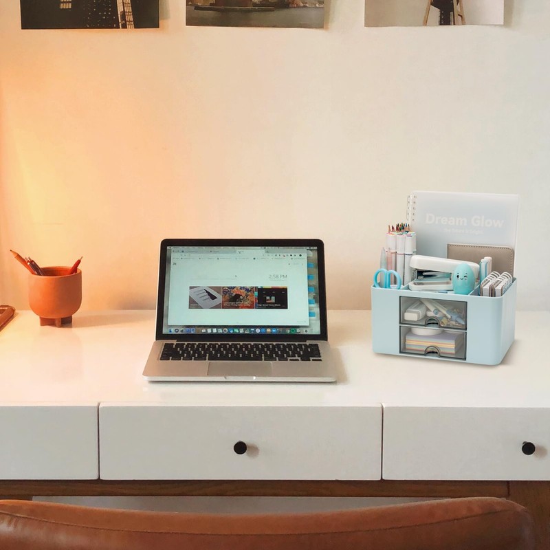 RISEMART Desk Organiser with 2 Drawers (Blue Double Layer)