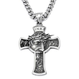 Schmuck-Checker Cross of Jesus with Crown of Thorns Pendant Stainless Steel INRI Silver Christian Chain Curb Chain Gift, Stainless Steel