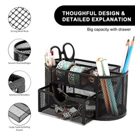 Cayxenful Mesh Desk Organizer Desktop Office Storage Multi-functional Pen Holder Stationery Organiser with 8 Compartments and 1 Drawer for Office, Home, School, Classroom- Black