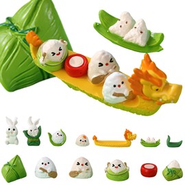 AUOCATTAIL 13Pcs Dragon Boat Festival Dumplings Dragon Boat Zongzi Bunny Resin Figurine Crafts Micro Landscape Ornaments Decoration