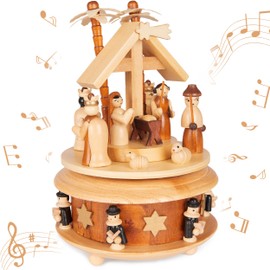 BRUBAKER Wooden Music Box - Nativity Scene with Jesus, Mary and Joseph - Melody: Silent Night - 19 cm Music Box Christmas - Music Box Carousel with Star of Bethlehem and Sternsinger - Brown Natural