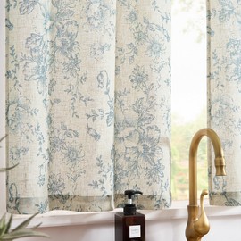 Jinchan - Cortinas de lino para cocina, diseño de flores francesas de 30 pulgadas, estilo clásico, café, ventana pequeña, rústico, media ventana, para sala de estar, baño, 2 paneles azul sobre beige