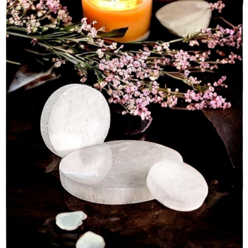 Selenite Round Disc Crystal Charging Plate for Healing Meditation Spiritual