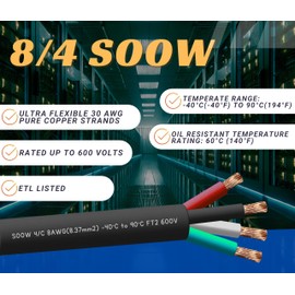WindyNation 12 Feet 8/4 8 AWG SOOW SO Cable Cord Wire - 8 Gauge 4 Conductor 600V Portable Power Extension Cord Cable for EV Chargers, Motor Leads, Portable Lights, Battery Chargers, and Machinery