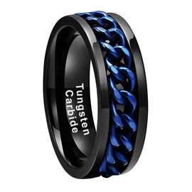 LUXUBANDS 8mm Black Tungsten Spinner Fidget Rings for Men Women Couple Anxiety Released Fashion Jewelry Engagement Wedding Bands Blue Stainless Steel Chain Inlay Polished Shiny Comfort Fit Size 13