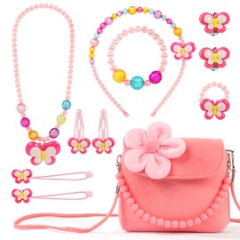 OSDUE Little Girls Plush Handbags, Jewellery Set for Girls, Chain Necklace Bracelet Ring Jewellery Set, Cute Plush Handbag for Party Dress Up Gift (Pink)
