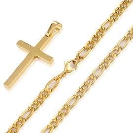 OUMI Cross Necklace for Men Women - Stainless Steel Pendant with 3:1 Figaro Chain -Gold 4/5/6 mm Width(Gold)…