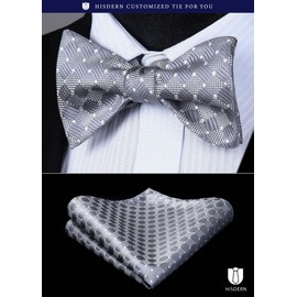 Hisdern Men's Bow Tie, Hand-tied Bow Tie, Square Set, Washable Bow Tie, For Weddings, Receptions, After-parties, School Entrance Ceremonies, Parties - BC615AS #13 Silver/Grey