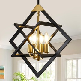 18" Farmhouse Chandelier, 4-Light Geometric Ceiling Dining Room Fixture, Modern Industrial Foyer Lighting Fixtures, Black and Gold Hanging Pendant Lights for Bedroom, Kitchen Island, Hallway, Entryway