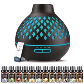 Essential Oil Diffuser for Home, 550ML Aromatherapy Diffuser with 12 Essential Oils, Cool Mist Humidifier, Remote Control, 4 Timer Settings, 7 LED Light Colors, Waterless Auto Shut Off, Dark