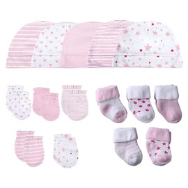 Chamie Baby’s 15-Pieces Organic Cotton Socks, Caps and Mittens Set for Baby Girls and Boys, Pink