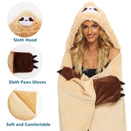 Shoppawhile Sloth Gifts for Women Wearable Hooded Blanket Soft Cute Warm Fluffy Sloth Hooded Blanket 59 * 51 inch