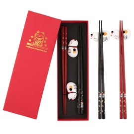 Sushi Chopsticks Set, 2 Pairs of Wooden Chopsticks, Reusable, with 2 Ceramic Chopsticks Holder, Non-Slip Chopsticks for Eating, Dishwasher Safe Chopsticks in Matching Gift Box (A)