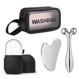 Facial con rodillo de hielo: bandeja de hielo de silicona para el glaseado facial, espátula de acero inoxidable y rodillo 3D para el peinado facial, bolsa de maquillaje para guardarlo, adecuado(Black)