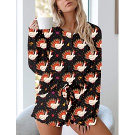 Women's Ruffle Long Sleeve Henley Tops and Shorts Funny Thanksgiving Turkey Pajamas Sets BFTU L