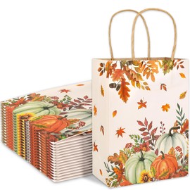 JarThenaAMCS 24Pcs Fall Kraft Paper Gift Bags Pumpkin Leaves Treat Bags with Handles Grocery Shopping Bags Candy Goodie Bags for Autumn Baby Shower Birthday Party Favors Supplies