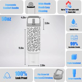 Tronco 50 oz Tumbler with Handle and Straw, Leak-Proof Insulated Tumbler with Flip Straw and Top Handle, Reusable Insulated Cup Water Bottle for Home, Outdoors, Fits in Cup Holder, Cold for 30 Hours