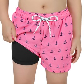Century Star Boys Swim Trunks with Compression Liner Quick Dry Kids Boys Board Shorts Beach Waterproof Surfing Bathing Suit Pink Anchor 10-12 Years