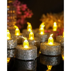ONEIHOMM Silver Flameless Tealight Candles with Timer,Glitter Battery Operated Tea Lights for Event, Christmas Decorations,Anniversary,Wedding, Built-in 6 Hours,12 Pack