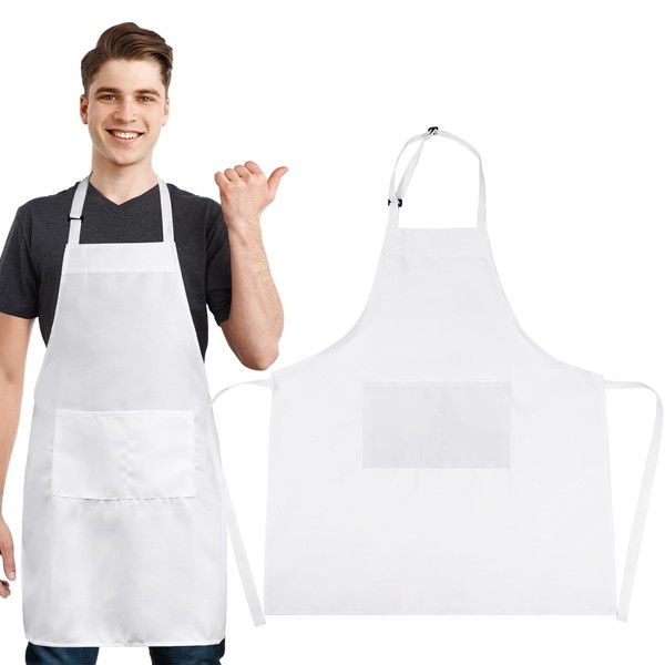 GWHOLE White Apron Adjustable Chef Apron with Pockets for Home