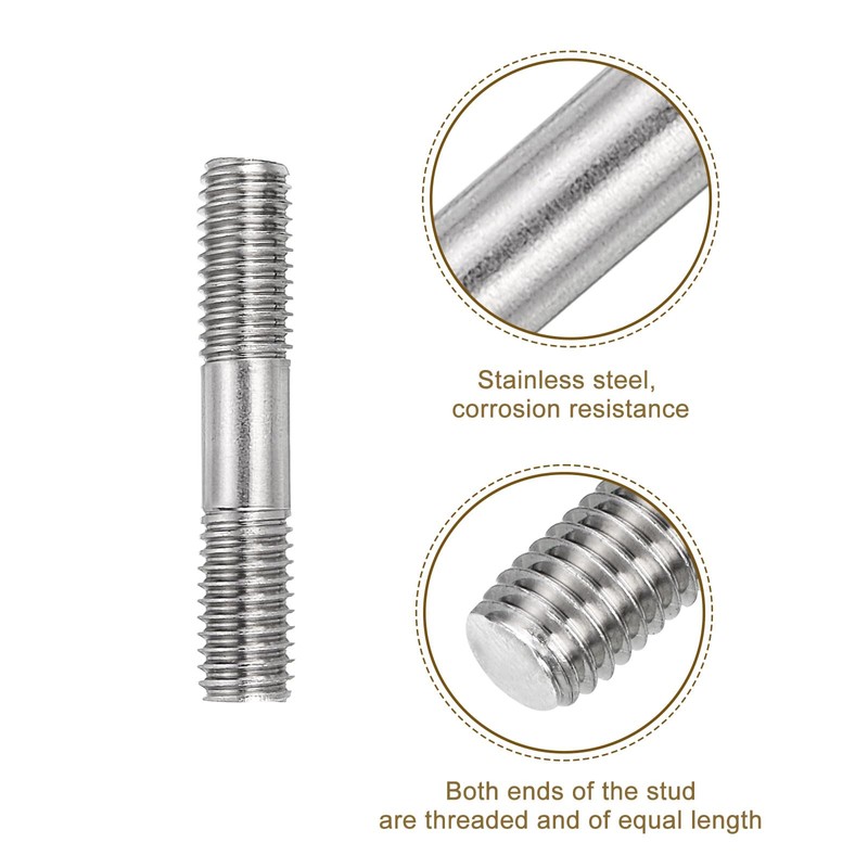 sourcing map 10Pcs M8x40mm 304 Stainless Steel Double End Threaded