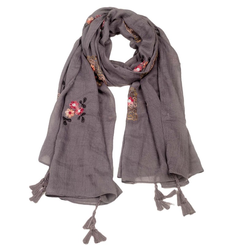 iB-iP Women's Floral Pattern Lightweight Embroidered Scarf, Warm grey