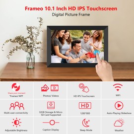 FRAMEO Digital Photo Frame, 10.1 Inch WiFi Digital Picture Frame with 1280x800 IPS HD Touch Screen, 32GB Storage Auto-Rotate Wall Mountable Easy Share Photos or Videos via Frameo App from Anywhere