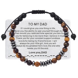 To My Dad Tiger Eye Bracelet Morse Code Bracelet with Engraved Wallet Card for Men Dad Adjustable Matching Bracelets Birthday Christmas Father’s Day Ideal Gifts for Him