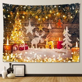 JOTOM Christmas Wall Tapestry Winter Wall Hanging Xmas Elk Blanket Tapestries Home Chirstmas Decorations Tree Reindeer Snow Stars Wall Art for Living Room Bedroom Party DormDecor 150x130cm (Elk Gift)
