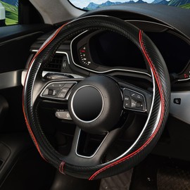 Carbon Fiber Steering Wheel Cover, Universal 15 inch Breathable Microfiber Leather Steering Wheel Covers for Men and Women, Anti Slip Car Interior Accessories, Black