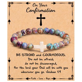 JoycuFF Confirmation Gifts for Teenage, Christian Baptism Catholic Confirmation Gifts, Religious Cross Colorful Imperial Jasper Bracelet for Her