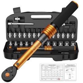 Small Torque Wrench Set 33PCS | 1/4" Drive 72-Tooth Click Type | Dual Scale 30-220 in-lb (3.3-24.7 Nm) | ISO Calibrated for Bicycle, Motorcycle & Carbon Parts | with Hex/Torx Bits, Sockets & Case