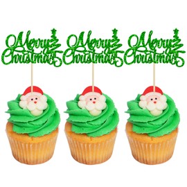 Gyufise 24Pcs Merry Christmas Cupcake Toppers Green Glitter Xmas Tree Deer Merry Christmas Cupcake Picks Decoration for Winter Christmas Theme Xmas Holiday Birthday Party Supplies