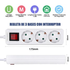 EXTRASTAR 1 Pack 3 Outlet Power Strip with Switch Cable 1.5M 3 Sockets for Home, Office and Travel Max 3680W 16A 250V White