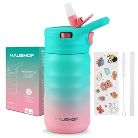 HAUSHOF Kids Water Bottle 12 oz BPA-free with Straw and Stickers, Stainless Steel Vacuum Double Wall Insulated cup with Leak Proof for school, Gift, Girls (Green and Pink)
