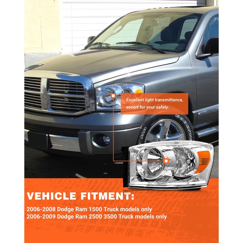 AXLAHA for 2006-2009 Dodge Ram Headlights Assembly Chrome