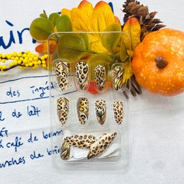 LWTZLW Fall Leopard Press on Nails Long Almond Fake Nails Brown Full Cover Glue on Nail Leopard Design Oval Acrylic False Nails Autumn Glossy Artificial Nail Reusable for Women