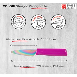 Kuhn Rikon Colori® Paring Knife – 4 Inch Japanese Stainless Steel, Nonstick Blade, Ergonomic Handle & Sheath, Rainbow