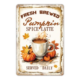 Fall Coffee Bar Metal Sign Wall Plaque Fresh Brewed Pumpkin Spice Latte Served Daily Fall Wall Decoration for Farmhouse Home Kitchen Coffee Shop Cafe Pub Coffee Station Wall Decor 8x12 inch