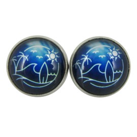 Summerfield Collection Stainless Steel Blue Surf Scene Ocean Waves Palm Trees Sun Print Glass Stud Earrings 12mm